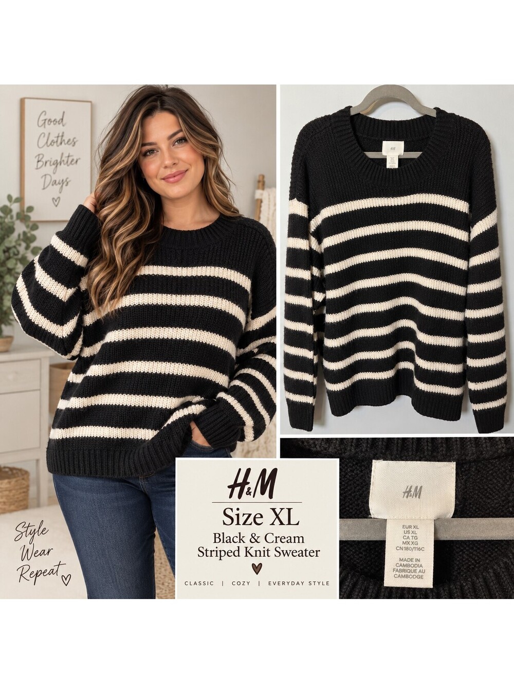 H&M black and cream striped knit sweater XL